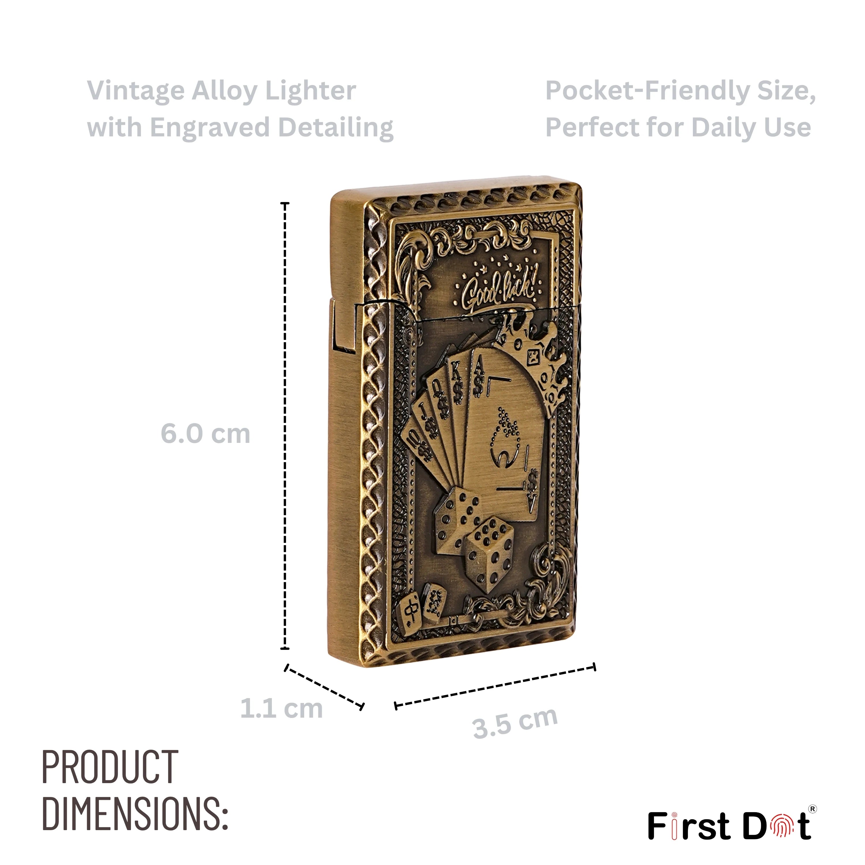 Vintage alloy lighter with engraved detailing and product dimensions on a white background Good Luck Dice Embossed Premium Refillable Button Gas Lighter by First Dot