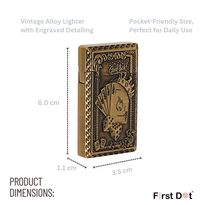 Vintage alloy lighter with engraved detailing and product dimensions on a white background Good Luck Dice Embossed Premium Refillable Button Gas Lighter by First Dot