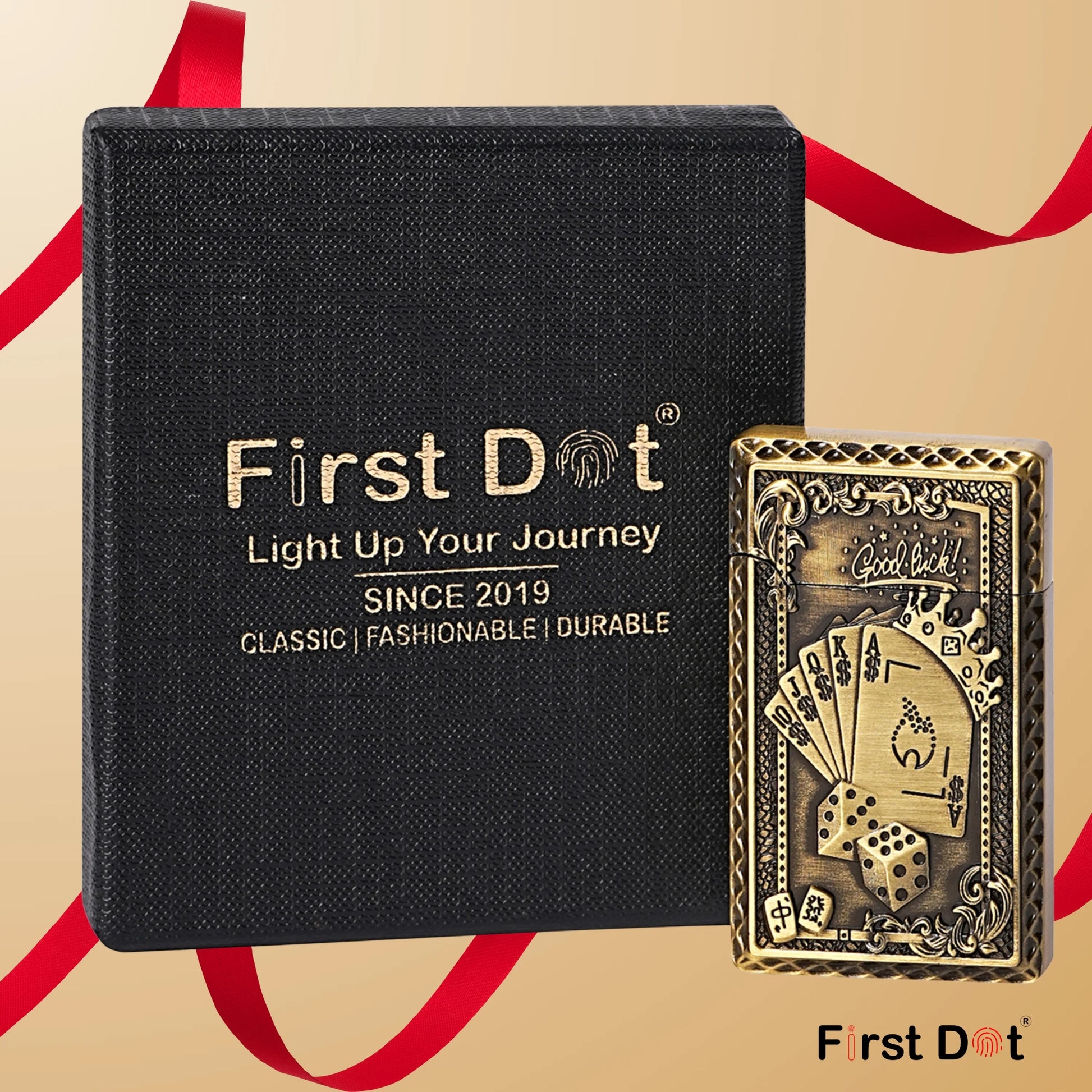 Black box with 'First Dot' branding and a decorative lighter on a beige background. Good Luck Dice Embossed Premium Refillable Button Gas Lighter by First Dot