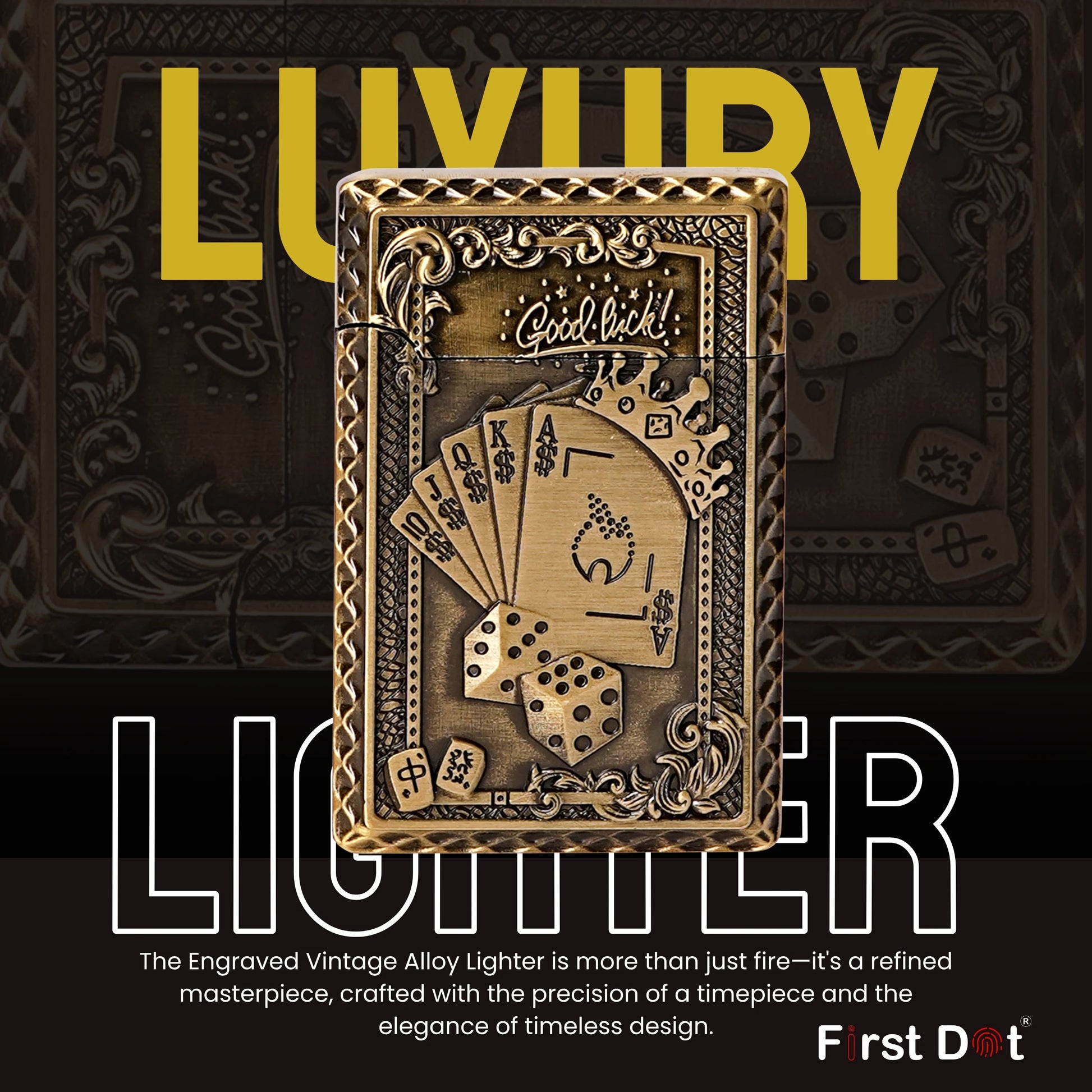 Decorative lighter with intricate design on a dark background with 'Luxury' text. Good Luck Dice Embossed Premium Refillable Button Gas Lighter by First Dot
