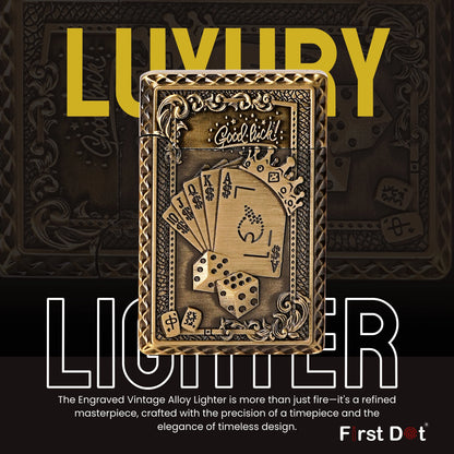 Decorative lighter with intricate design on a dark background with 'Luxury' text. Good Luck Dice Embossed Premium Refillable Button Gas Lighter by First Dot