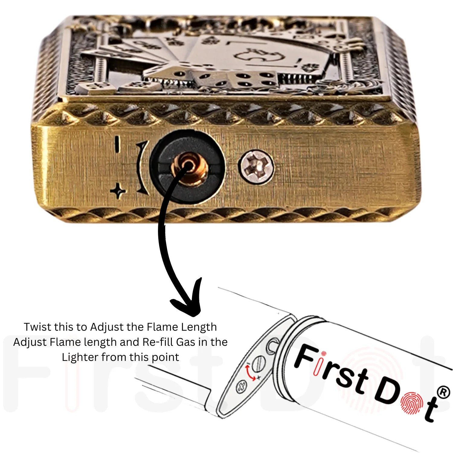Gold lighter with flame adjustment mechanism and 'First Dot' branding. Good Luck Dice Embossed Premium Refillable Button Gas Lighter by First Dot