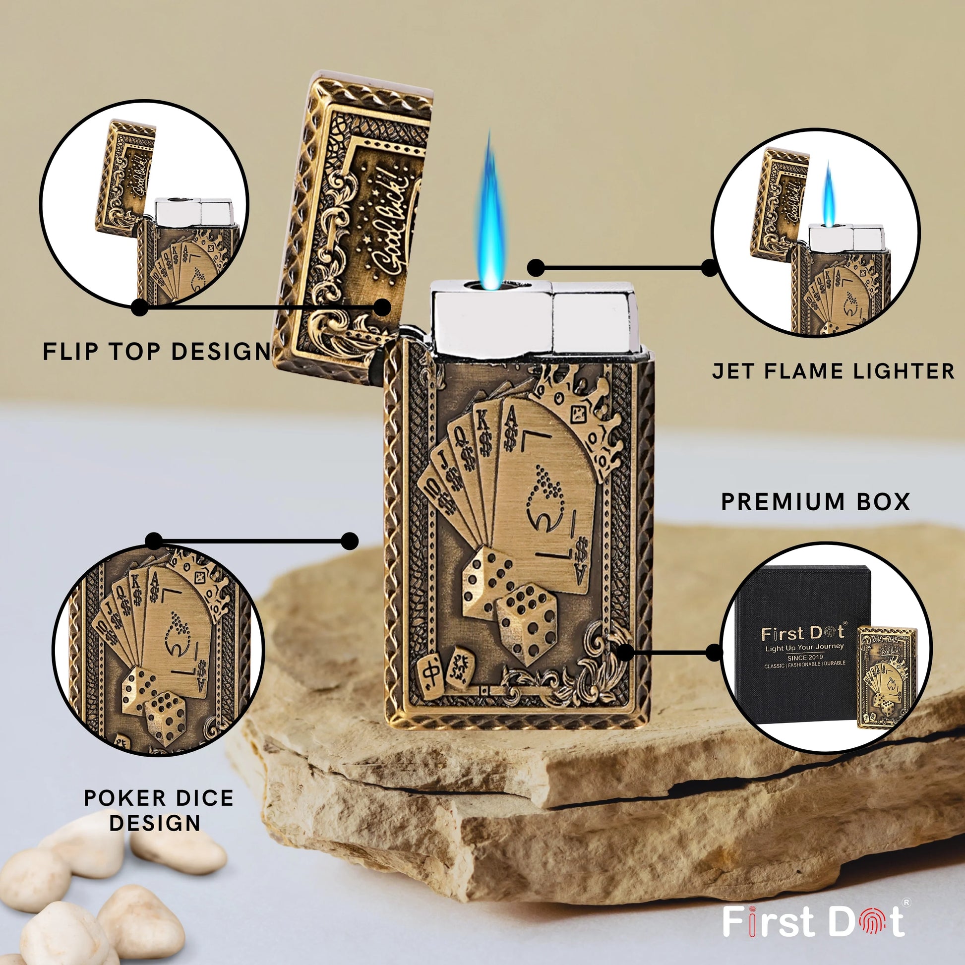 Decorative lighter with poker design on a rock, featuring flip top design, jet flame, and premium box. Good Luck Dice Embossed Premium Refillable Button Gas Lighter by First Dot