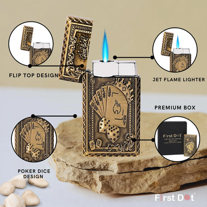 Decorative lighter with poker design on a rock, featuring flip top design, jet flame, and premium box. Good Luck Dice Embossed Premium Refillable Button Gas Lighter by First Dot
