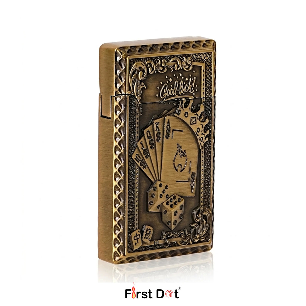 lighter with playing card and dice design on a white background