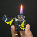 Hand holding a lighter with artistic design and flame against a black background