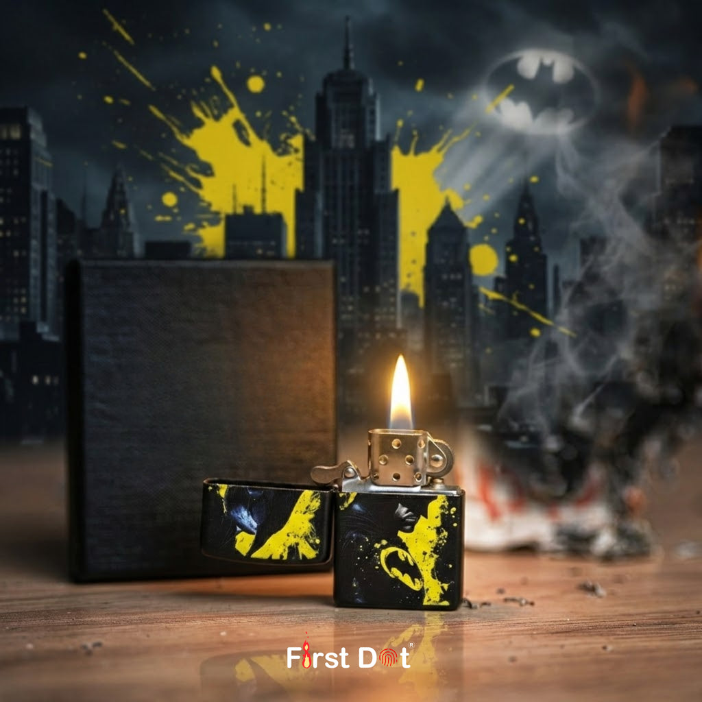 Lighter and case with Batman logo on a dark cityscape background