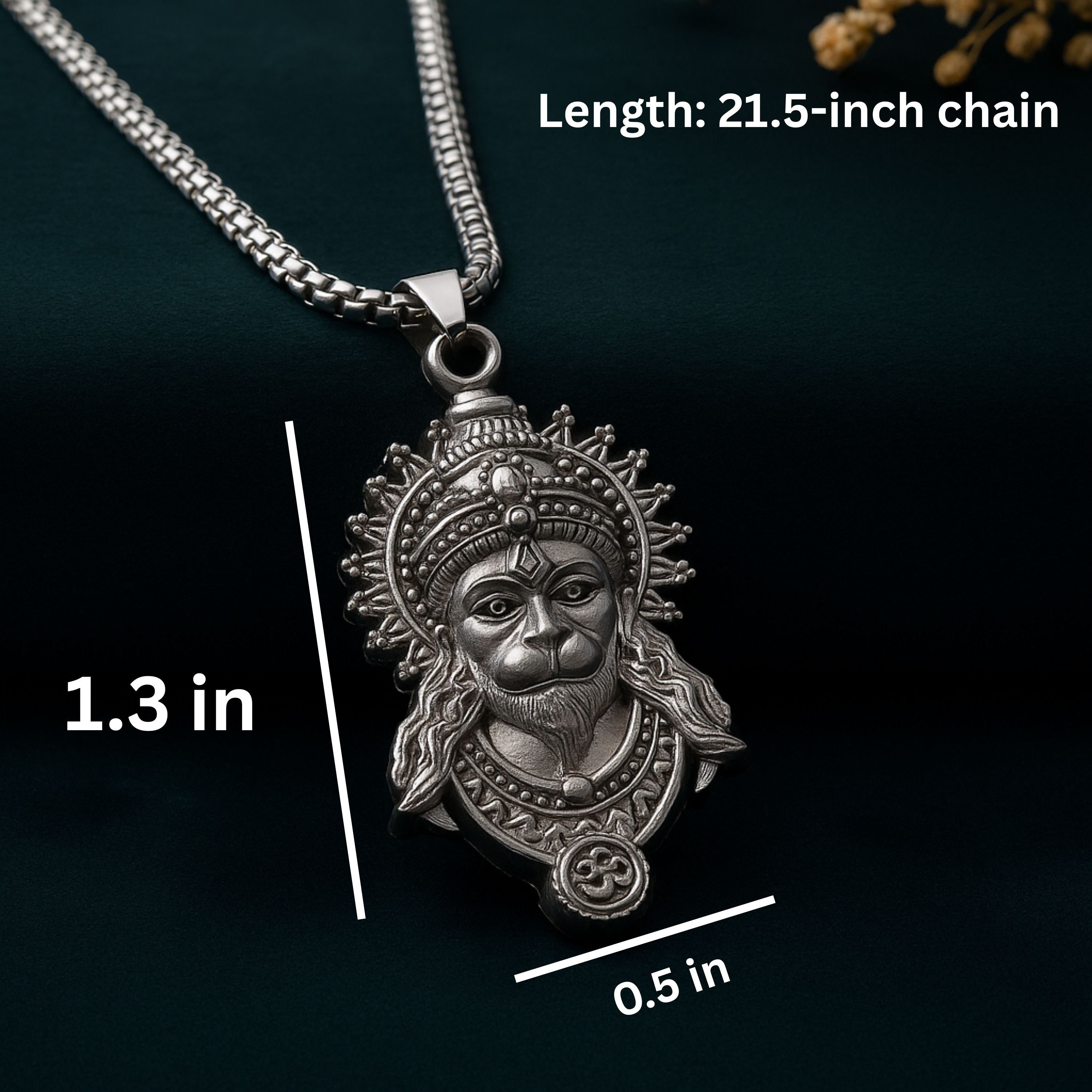 Silver pendant with measurements on a dark background HanumanjiPendantLocketwithChain