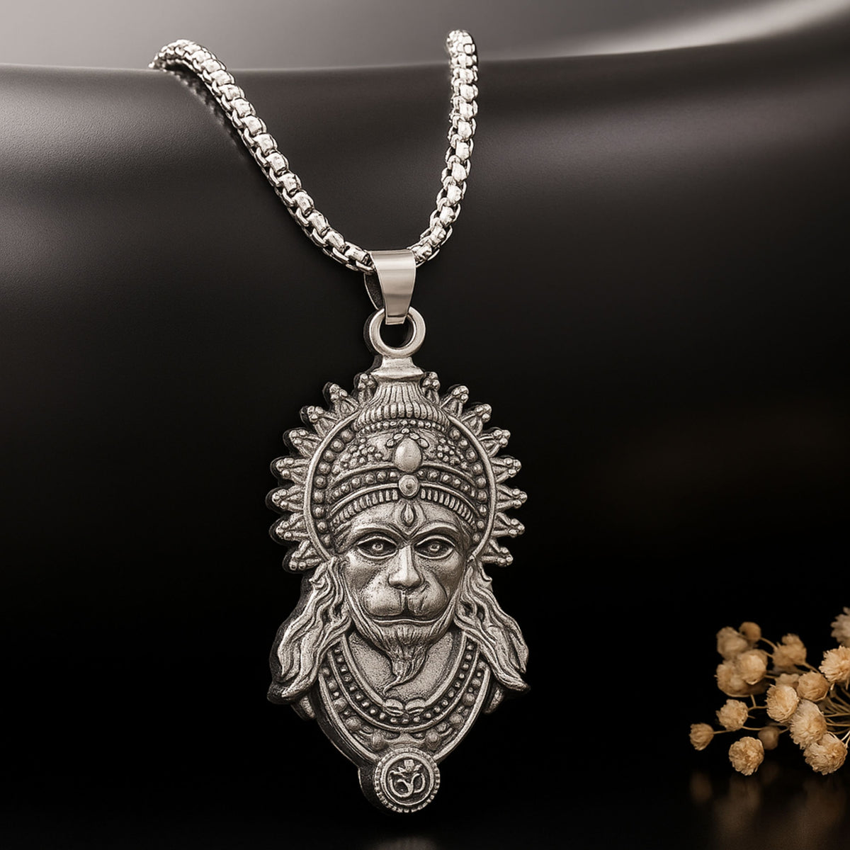Silver pendant necklace with intricate design on a dark background HanumanjiPendantLocketwithChain