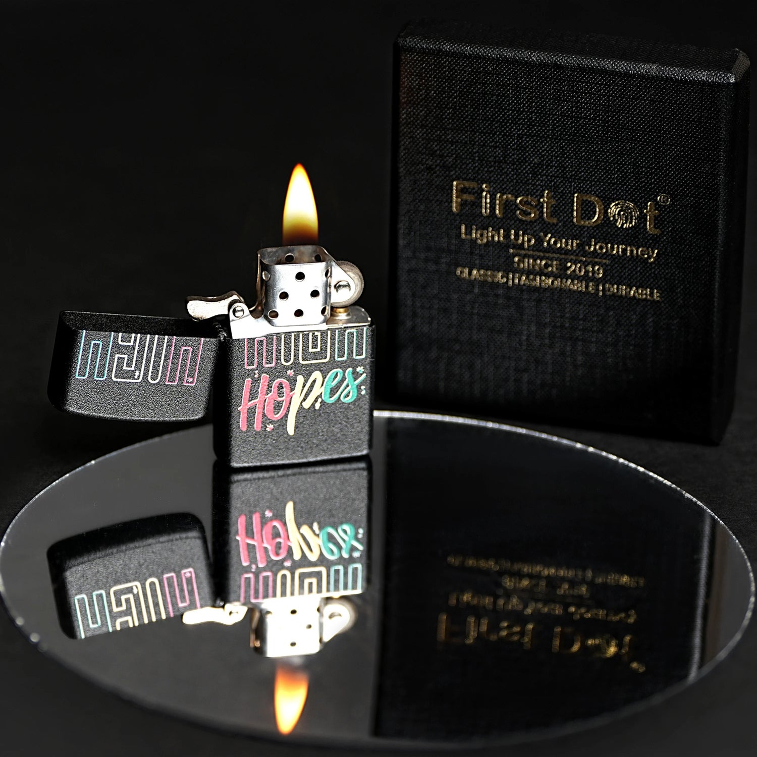 Lighter with 'My Hopes' text on a reflective surface with a black background High Hopes Premium Refillable Cigarette First Dot Lighter