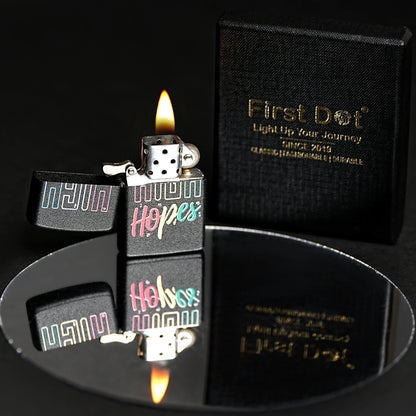 Lighter with 'My Hopes' text on a reflective surface with a black background High Hopes Premium Refillable Cigarette First Dot Lighter