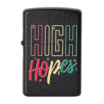 Black lighter with 'High Hopes' text in colorful letters on a white  High Hopes Premium Refillable Cigarette Lighterbackground