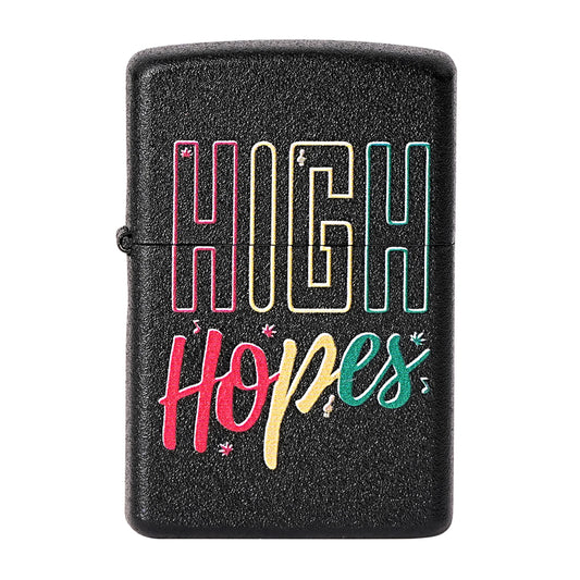 Black lighter with 'High Hopes' text in colorful letters on a white  High Hopes Premium Refillable Cigarette Lighterbackground