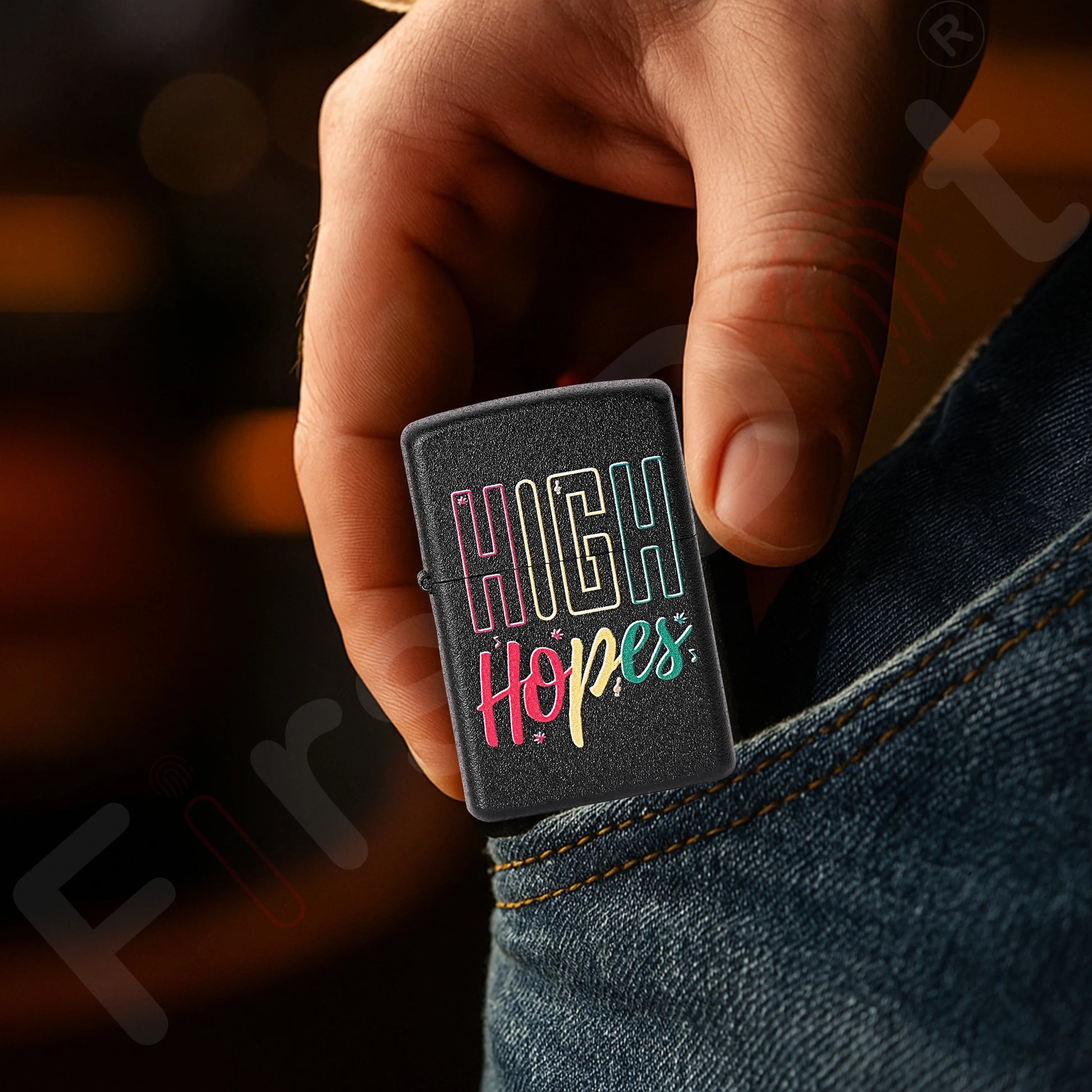 Hand holding a lighter with 'High Hopes' text, blurred background High Hopes Premium Refillable Cigarette First Dot Lighter