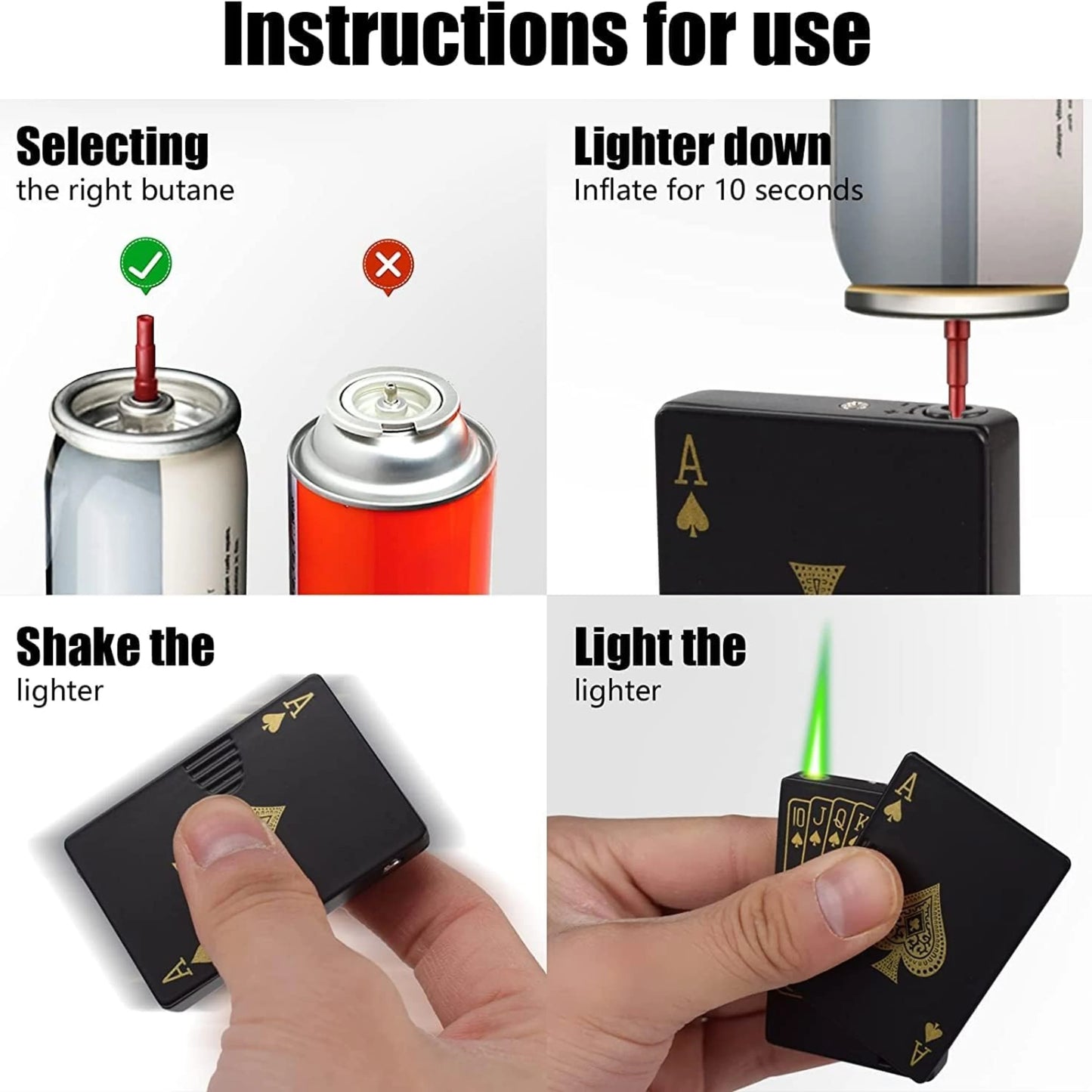 Ikka Black Refillable Green Jet Flame Lighter – Metal Playing Card Torch | Windproof Gift for Men