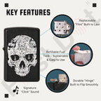 Lighter with skull design and key features highlighted on a white  Inverted Cross Skull Premium Refillable Cigarette Lighterbackground