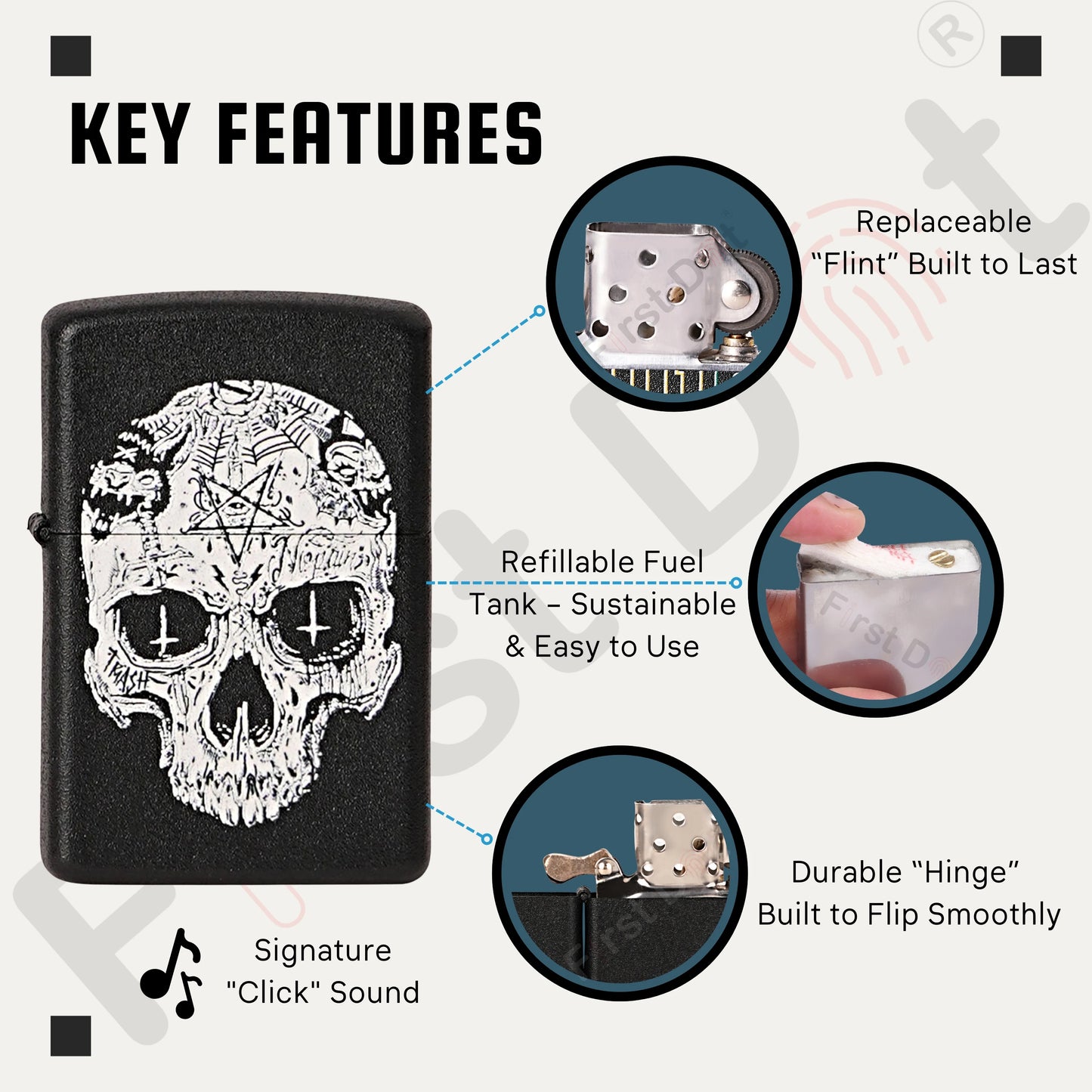 Lighter with skull design and key features highlighted on a white  Inverted Cross Skull Premium Refillable Cigarette Lighterbackground