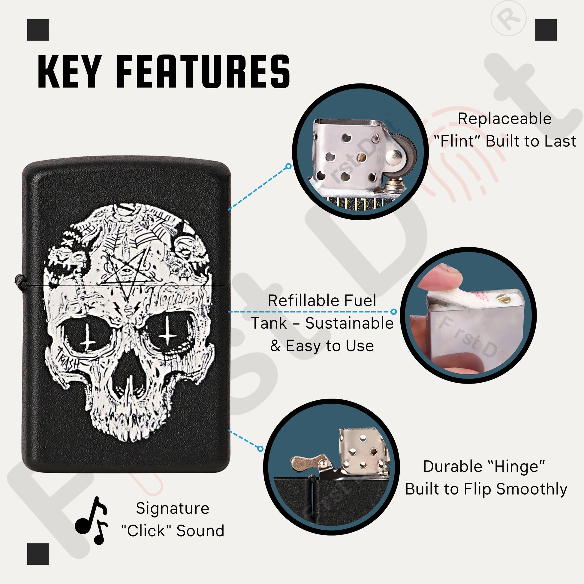 Lighter with skull design and key features highlighted on a white  Inverted Cross Skull Premium Refillable Cigarette Lighterbackground