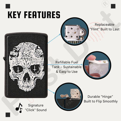Lighter with skull design and key features highlighted on a white  Inverted Cross Skull Premium Refillable Cigarette Lighterbackground