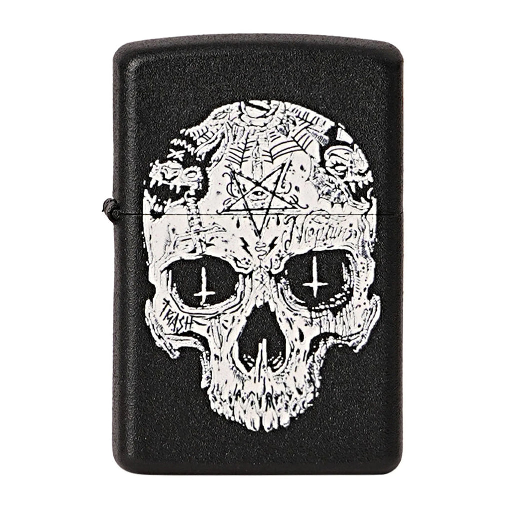 Black lighter with a white skull design featuring a pentagram on a white background Inverted Cross Skull Premium Refillable Cigarette Lighter