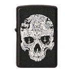Black lighter with a white skull design featuring a pentagram on a white background Inverted Cross Skull Premium Refillable Cigarette Lighter