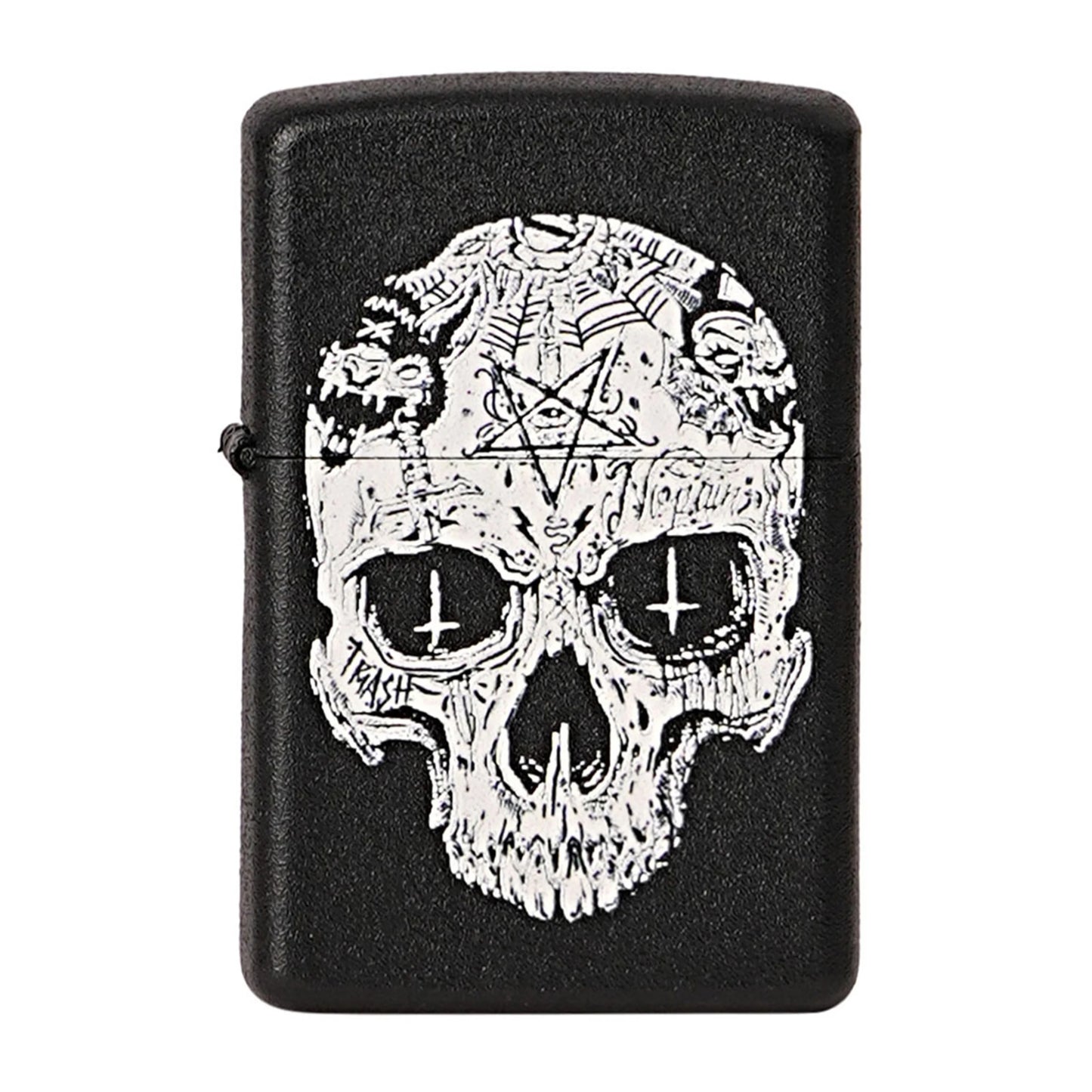 Black lighter with a white skull design featuring a pentagram on a white background Inverted Cross Skull Premium Refillable Cigarette Lighter