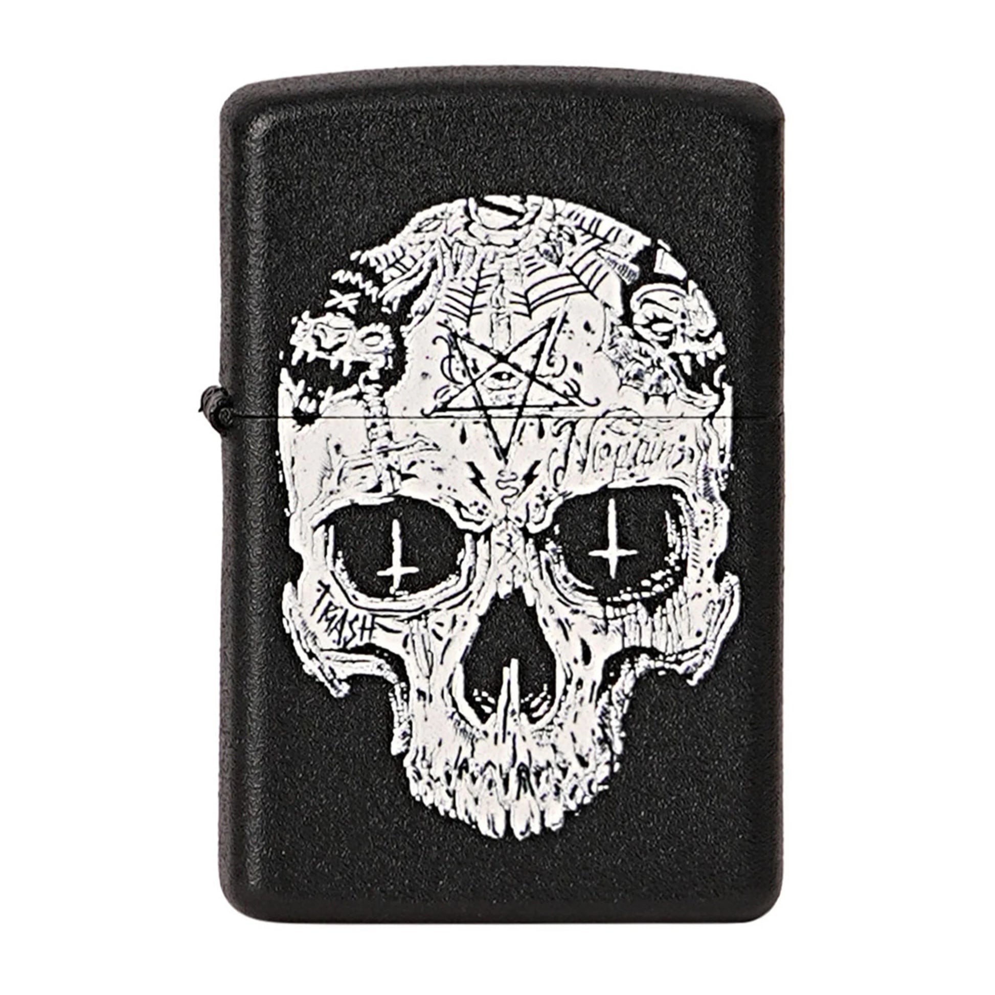 Black lighter with a white skull design featuring a pentagram on a white background Inverted Cross Skull Premium Refillable Cigarette Lighter