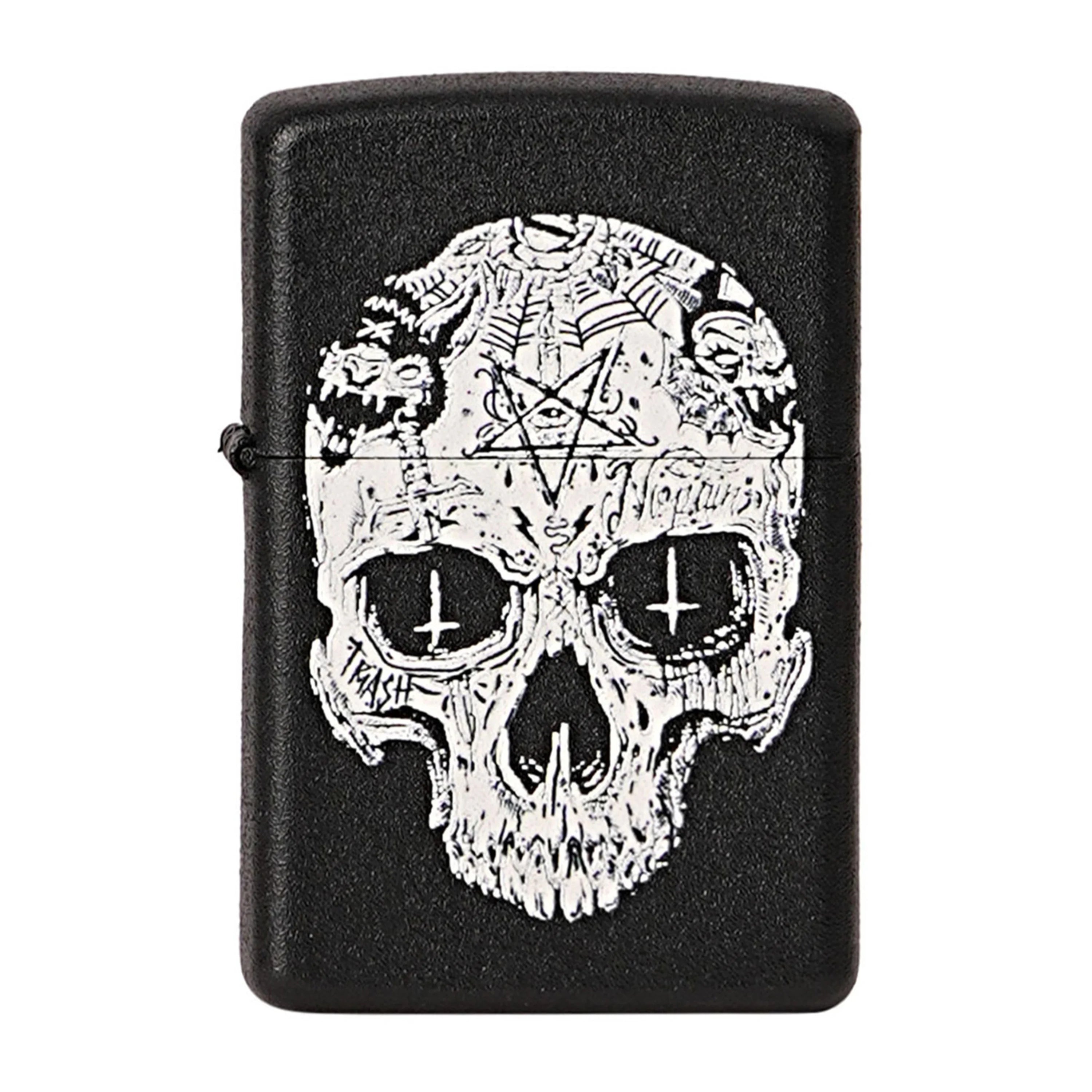 Black lighter with a white skull design featuring a pentagram on a white background Inverted Cross Skull Premium Refillable Cigarette Lighter