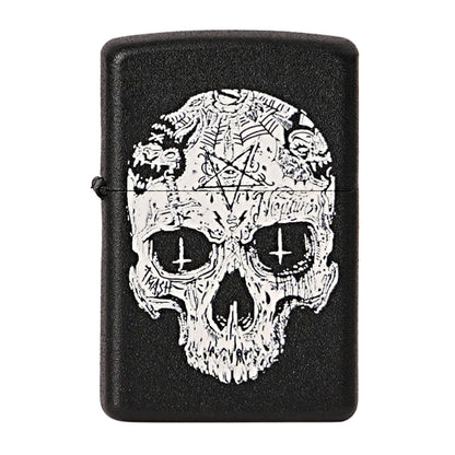 Black lighter with a white skull design featuring a pentagram on a white background Inverted Cross Skull Premium Refillable Cigarette Lighter