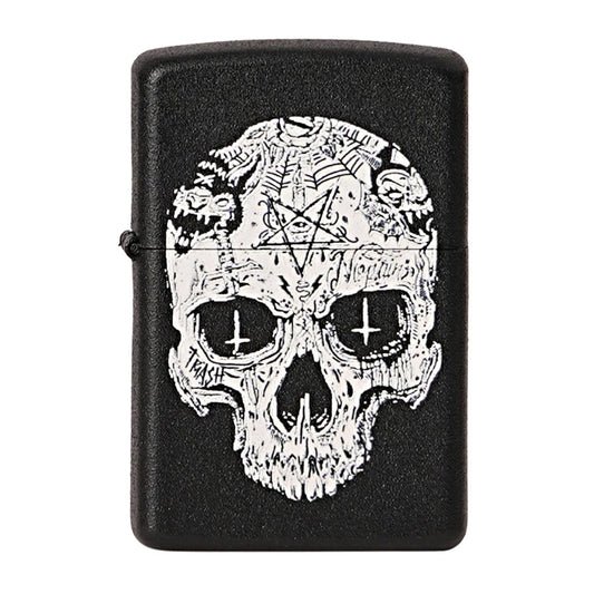 Black lighter with a white skull design featuring a pentagram on a white background Inverted Cross Skull Premium Refillable Cigarette Lighter
