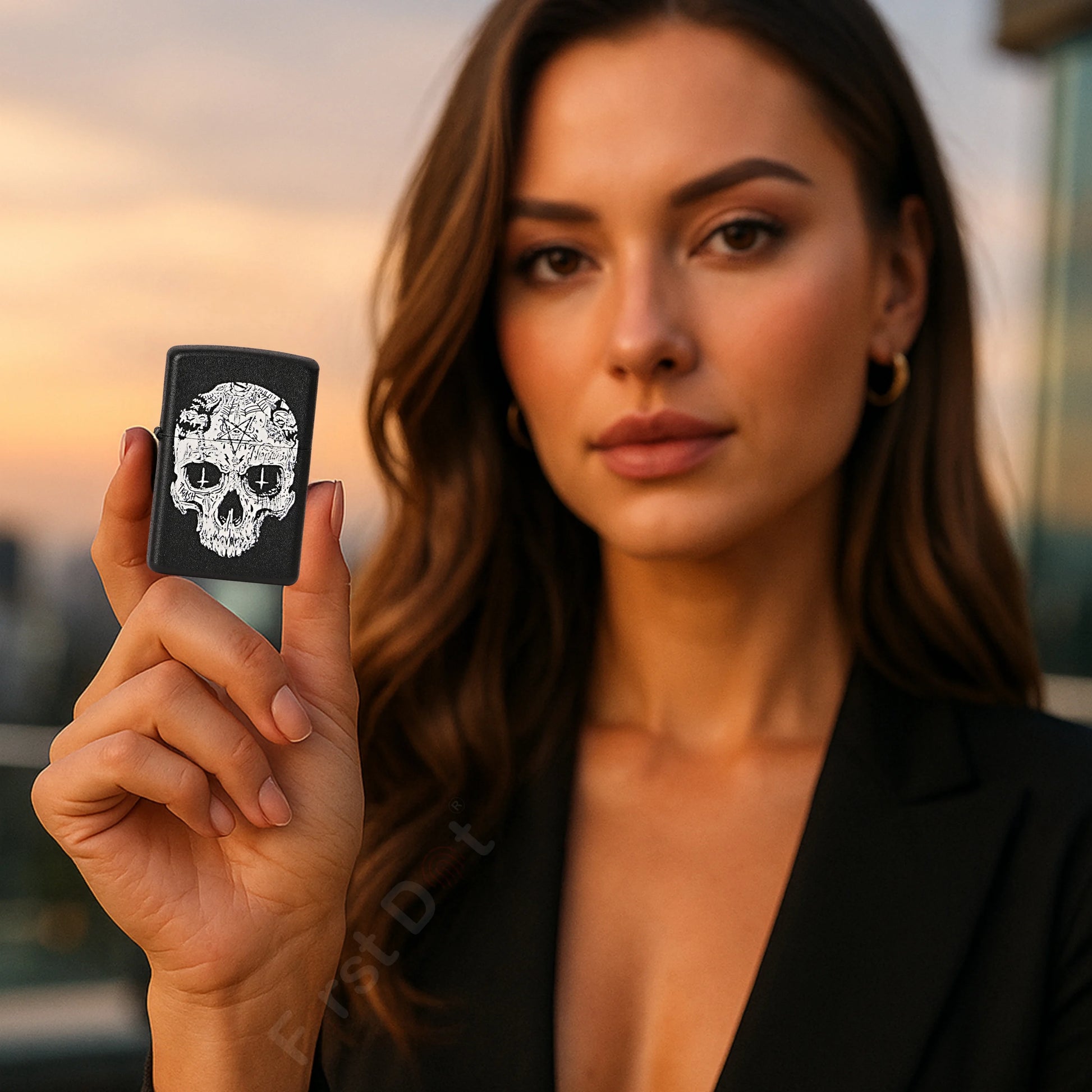 Woman holding a Inverted Cross Skull Premium Refillable Cigarette Lighter with a skull design against a blurred outdoor background Inverted Cross Skull Premium Refillable Cigarette Lighter