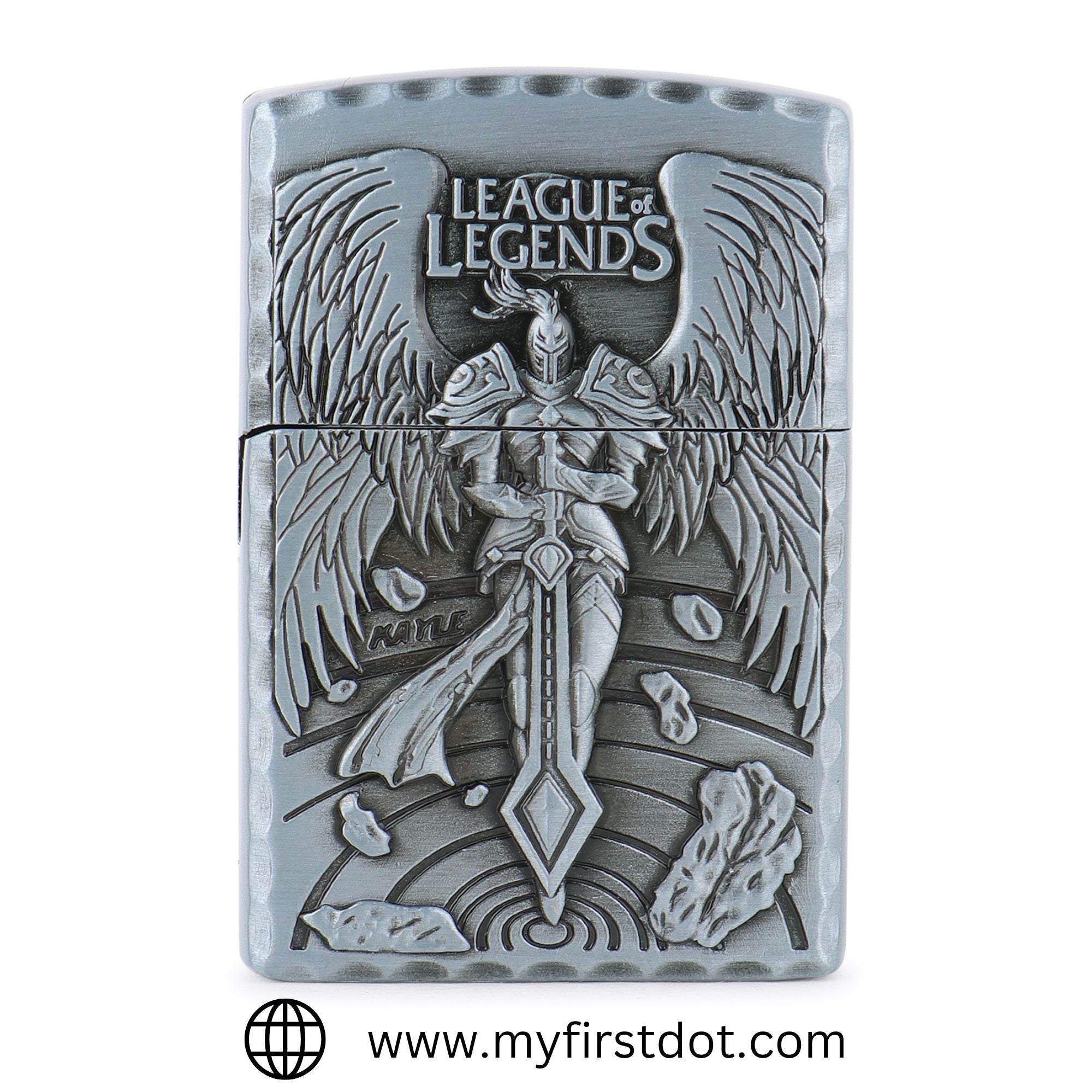 A silver metal lighter with a printed design of a character from the League of Legends video game franchise.