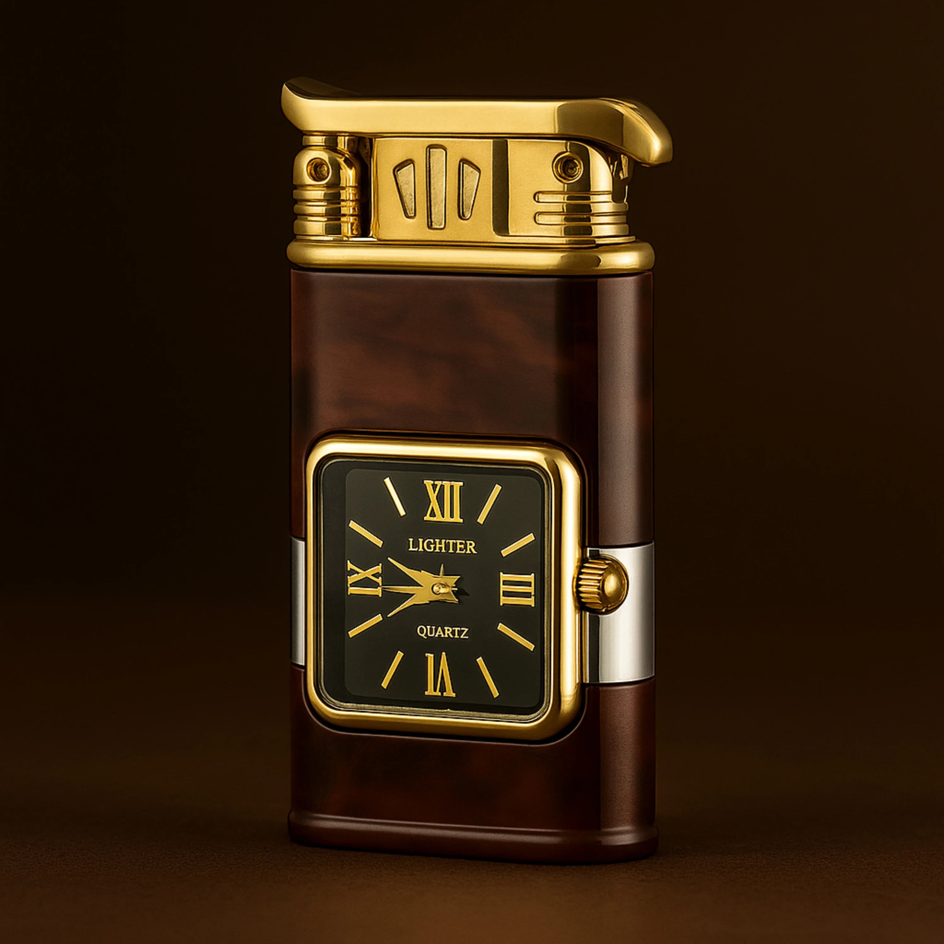 Premium pocket lighter with a marbled brown finish and built-in gold-trimmed watch, displayed on a soft-lit brown gradient background.