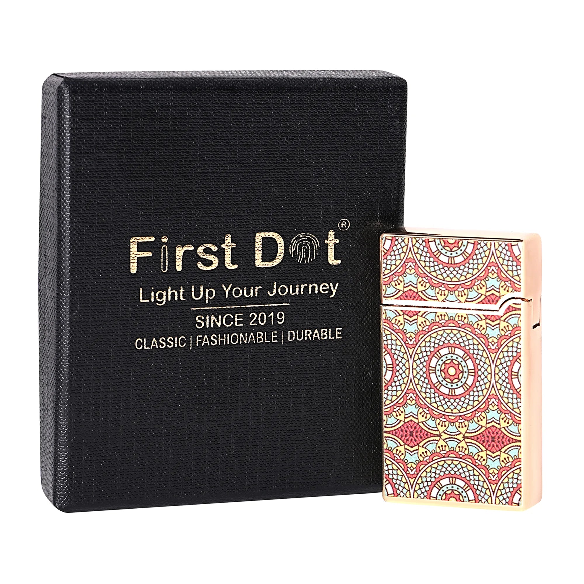 Decorative lighter with 'First Dot' packaging on a white background Mandala Art Premium Refillable Cigarette Lighter Gold