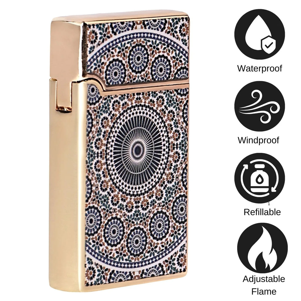 Decorative lighter with geometric pattern on a white background, featuring icons for waterproof, windproof, refillable, and adjustable flame. Mandala Art Premium Refillable Cigarette Lighter Silver