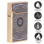 Decorative lighter with geometric pattern on a white background, featuring icons for waterproof, windproof, refillable, and adjustable flame. Mandala Art Premium Refillable Cigarette Lighter Silver