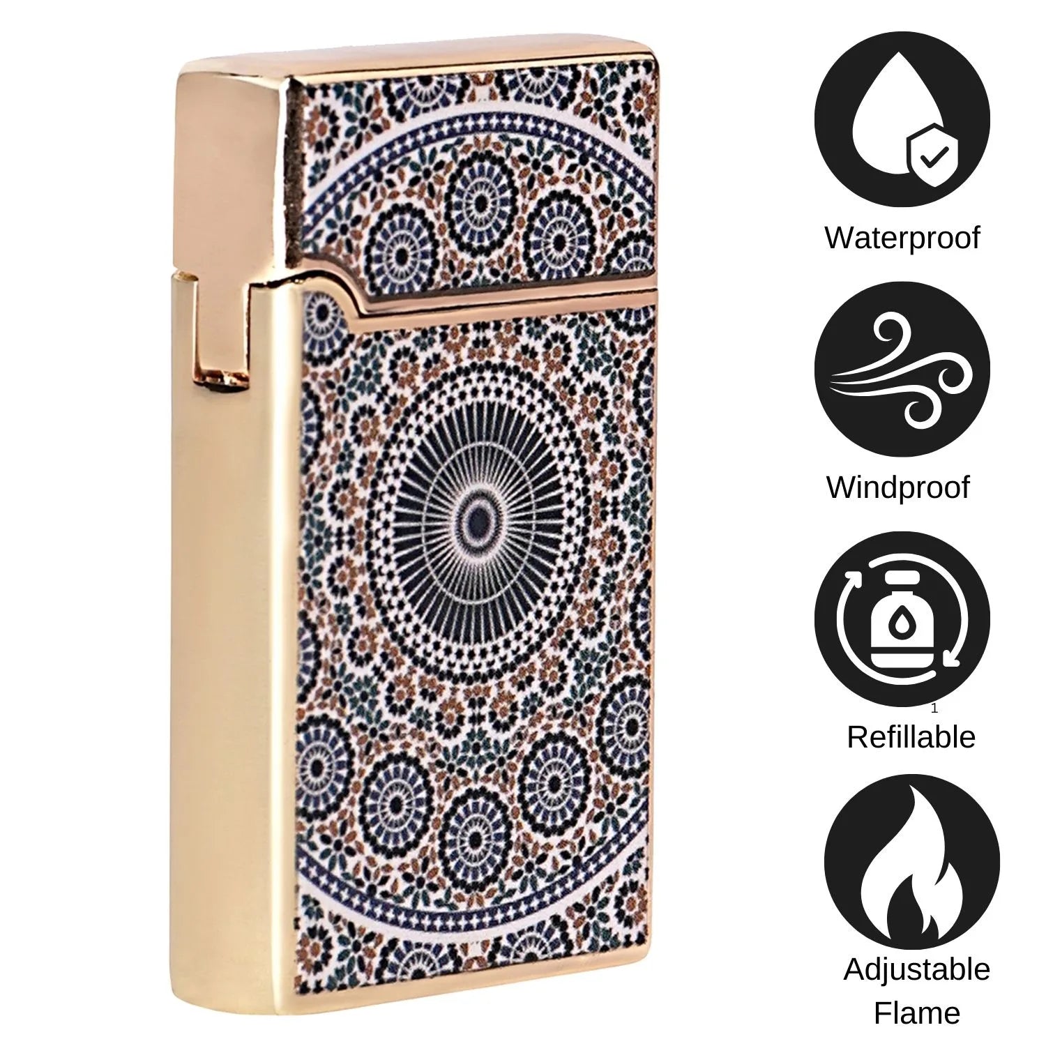 Decorative lighter with geometric pattern on a white background, featuring icons for waterproof, windproof, refillable, and adjustable flame. Mandala Art Premium Refillable Cigarette Lighter Silver