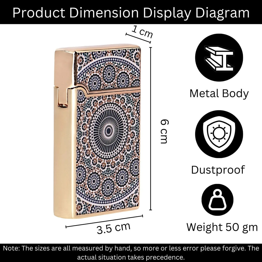 Product dimension display diagram of a decorative lighter with features listed. Mandala Art Premium Refillable Cigarette Lighter Silver