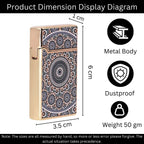 Product dimension display diagram of a decorative lighter with features listed. Mandala Art Premium Refillable Cigarette Lighter Silver