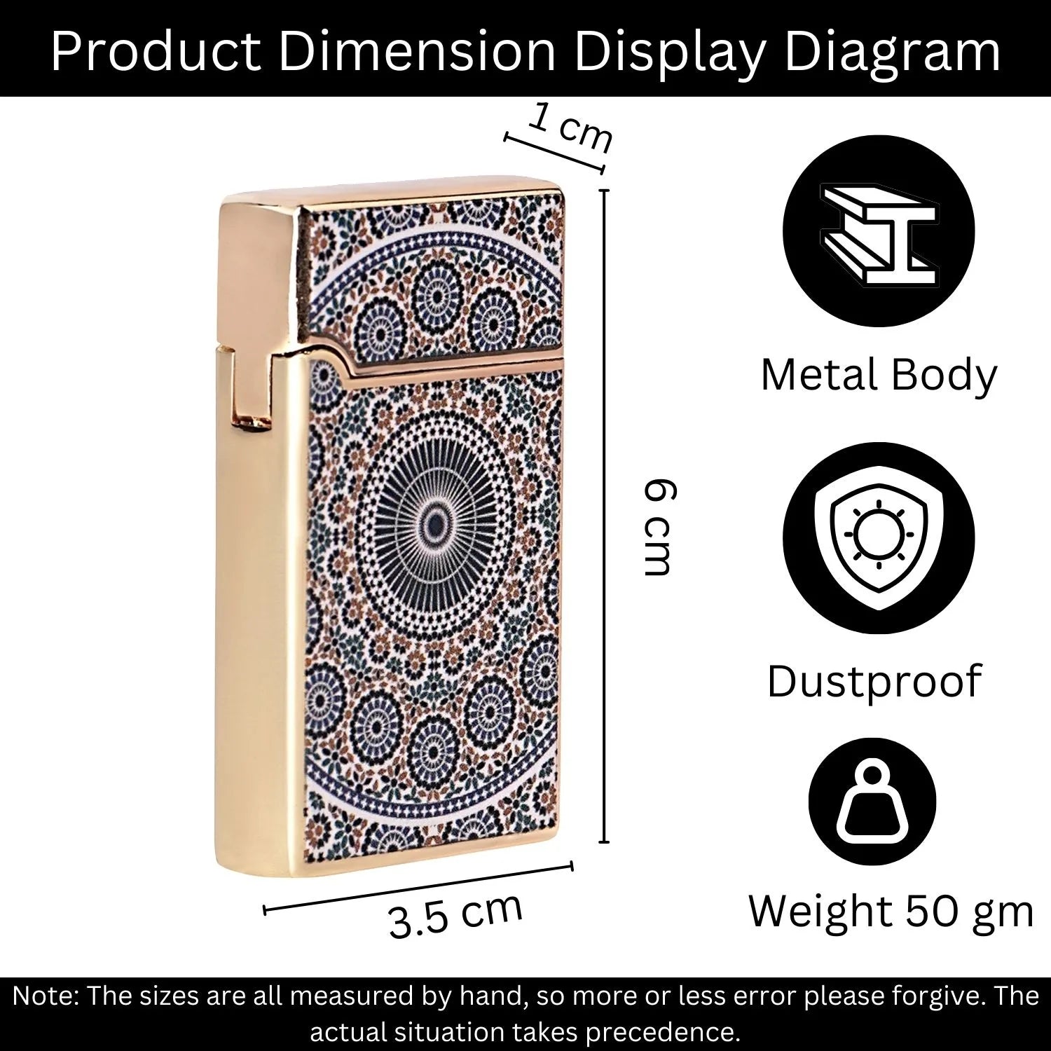 Product dimension display diagram of a decorative lighter with features listed. Mandala Art Premium Refillable Cigarette Lighter Silver