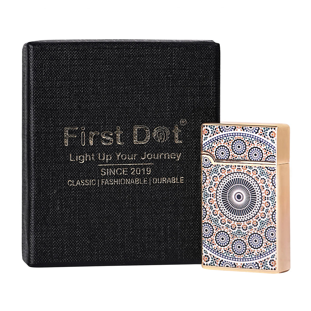 Lighter and black case with 'First Dot' branding on a white background Mandala Art Premium Refillable Cigarette Lighter Silver