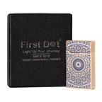 Lighter and black case with 'First Dot' branding on a white background Mandala Art Premium Refillable Cigarette Lighter Silver