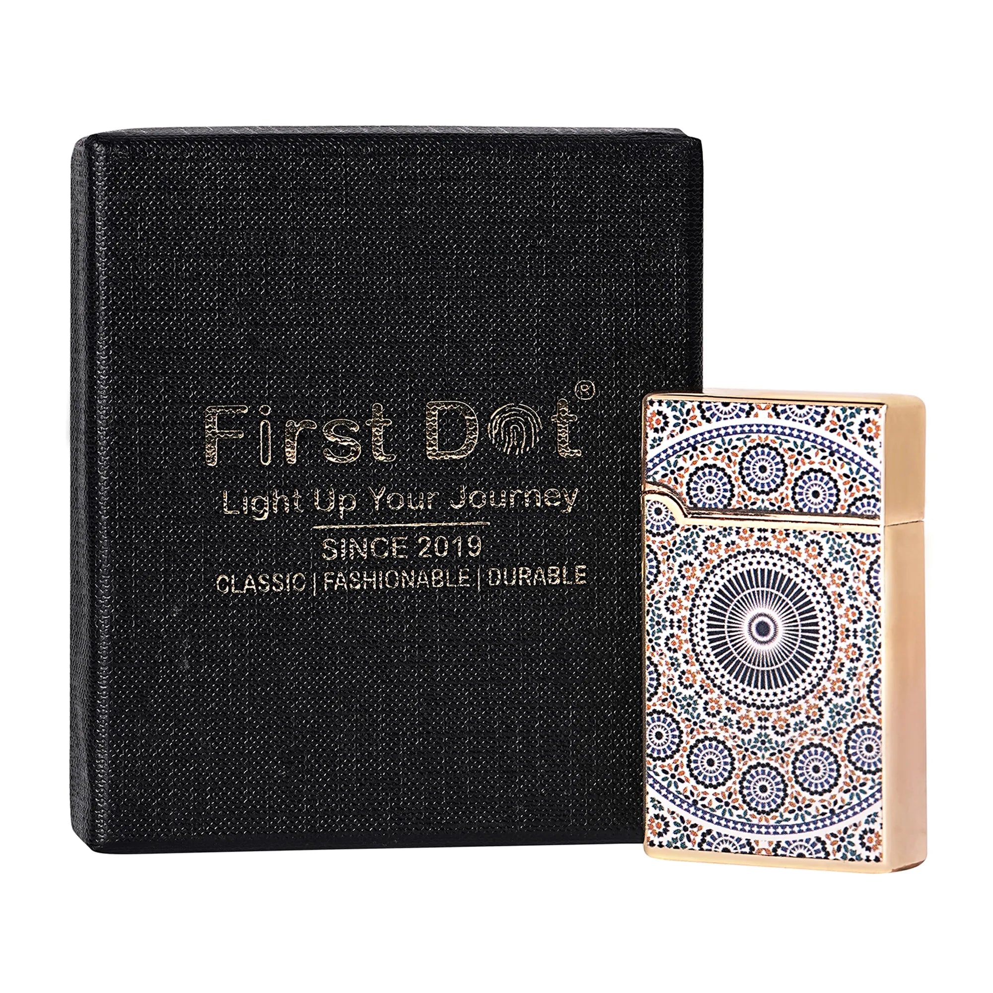 Lighter and black case with 'First Dot' branding on a white background Mandala Art Premium Refillable Cigarette Lighter Silver
