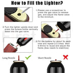 Instructions on how to fill a lighter with butane, including steps and diagrams. Mandala Art Premium Refillable Cigarette Lighter Silver
