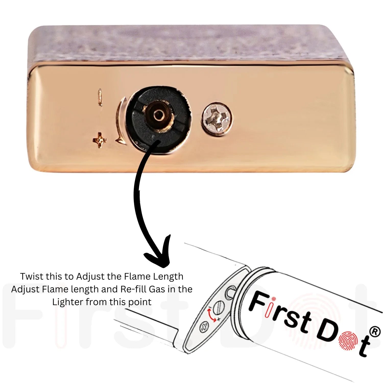 Gold lighter with flame adjustment feature and 'First Dot' branding. Mandala Art Jet Flame Windproof Lighter