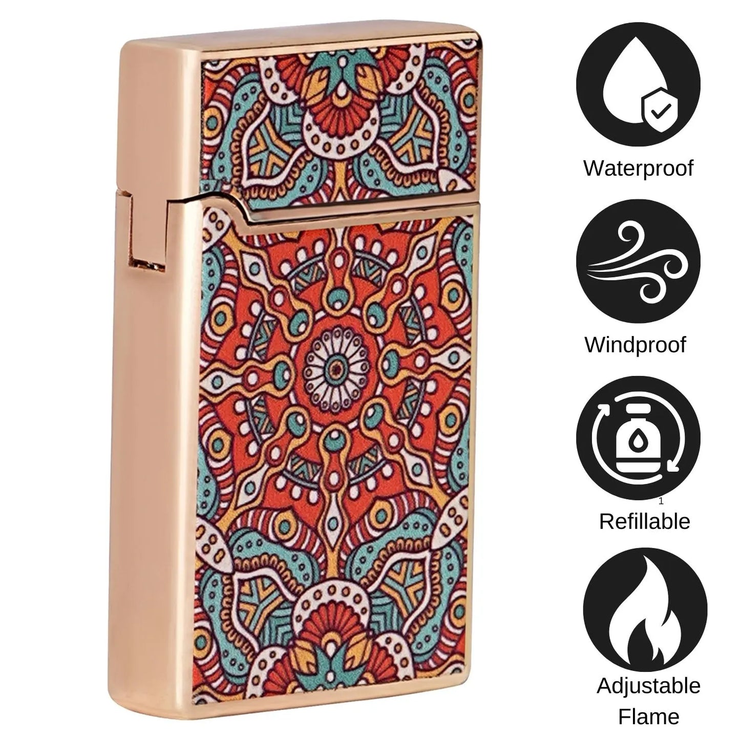 Colorful patterned lighter with waterproof, windproof, refillable, and adjustable flame features. Mandala Art Jet Flame Windproof Lighter
