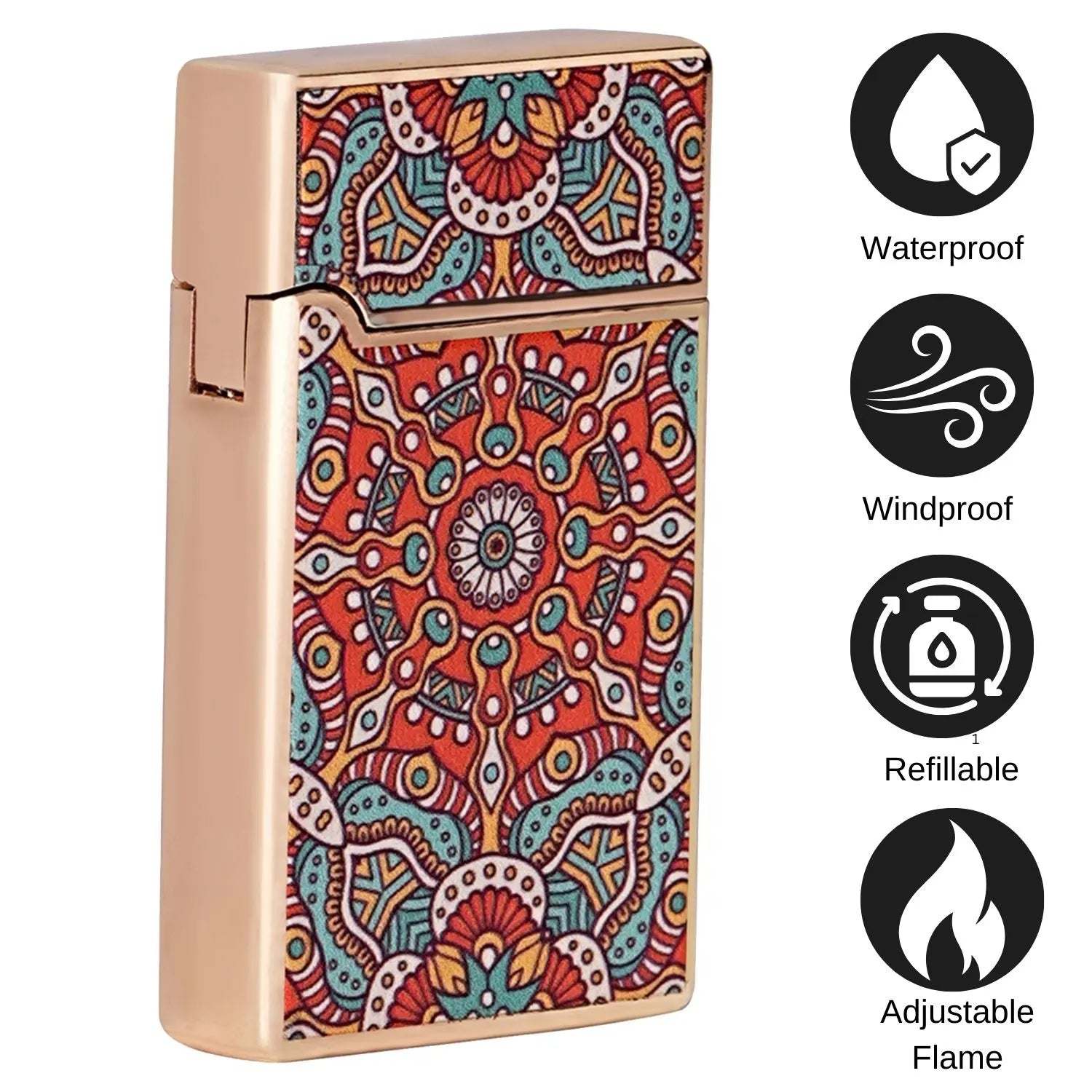 Colorful patterned lighter with waterproof, windproof, refillable, and adjustable flame features. Mandala Art Jet Flame Windproof Lighter