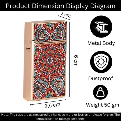 Product dimension display diagram with a colorful lighter and feature icons. Mandala Art Jet Flame Windproof Lighter