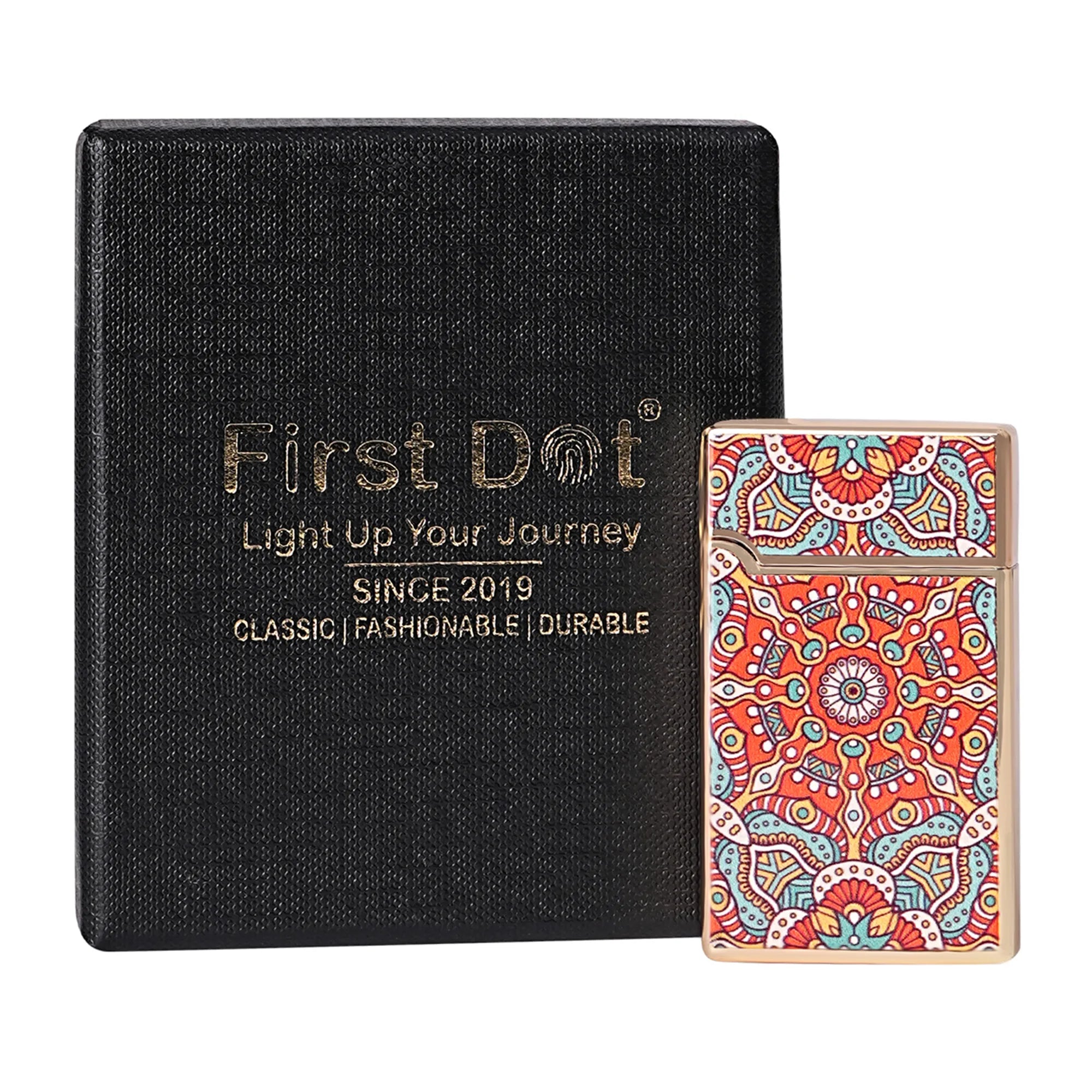 Colorful patterned lighter next to a black case with 'First Dot' branding. Mandala Art Jet Flame Windproof Lighter