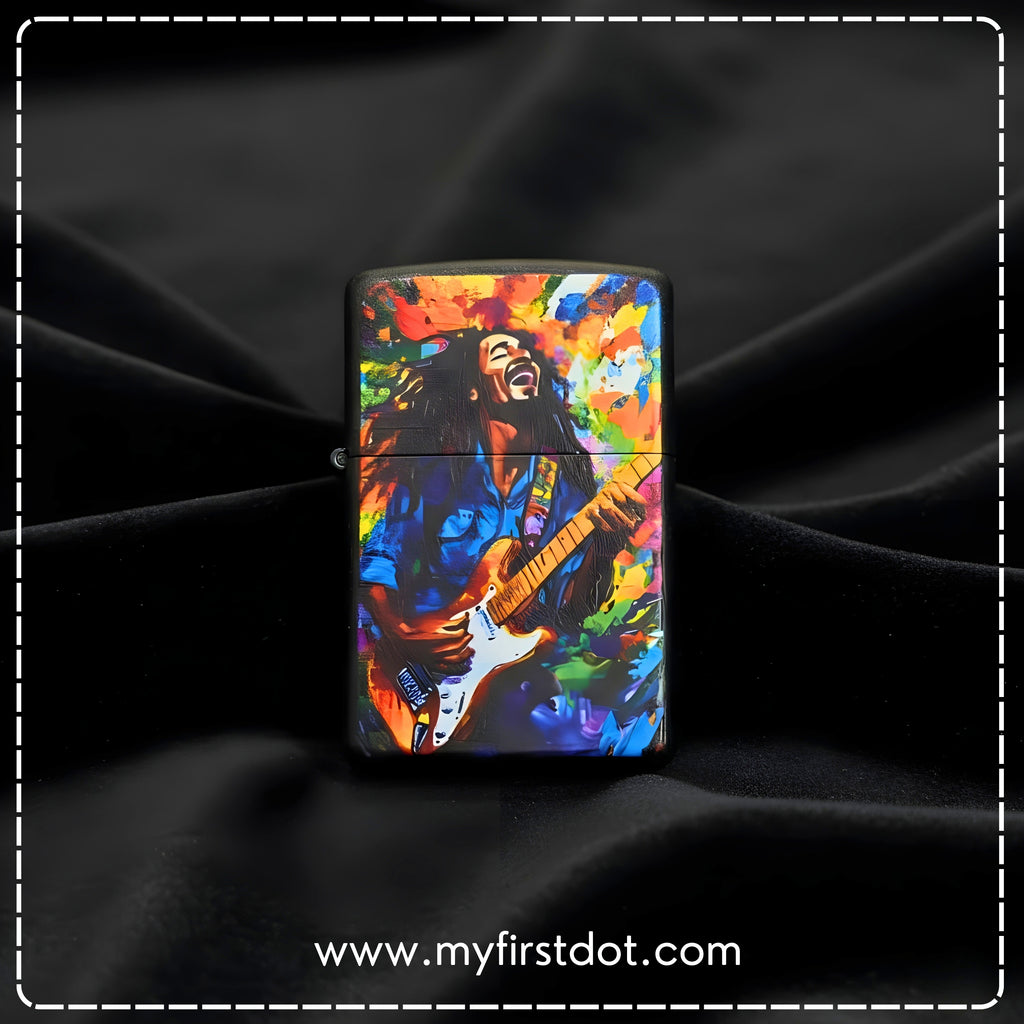 Lighter with a colorful design of a person playing guitar on a black background